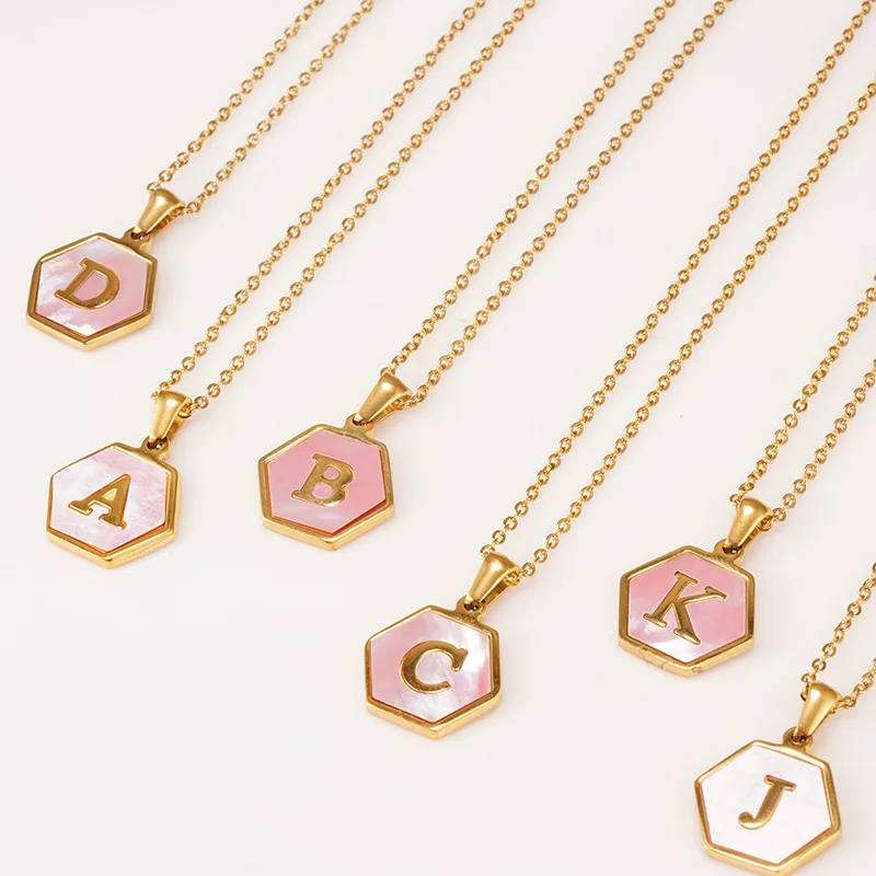 

Dainty Name Letter Necklace Fashion 18K Gold Plated Women Stainless Steel Pink Shell Hexagon Initial Alphabet Pendant Necklace