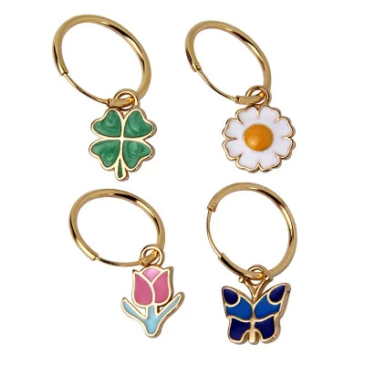 

925 Sterling Silver Earrings Four-leaf Tulip Small Daisy Butterfly Drops Glaze Earrings For Women Fashion Gift Popular