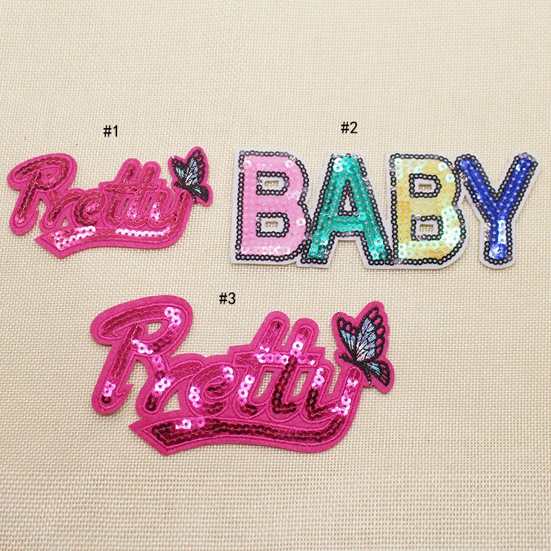 

Children's clothing embroidered cloth label clothing English strip bead cloth paste color letter DIY Sequin Embroidery Patch