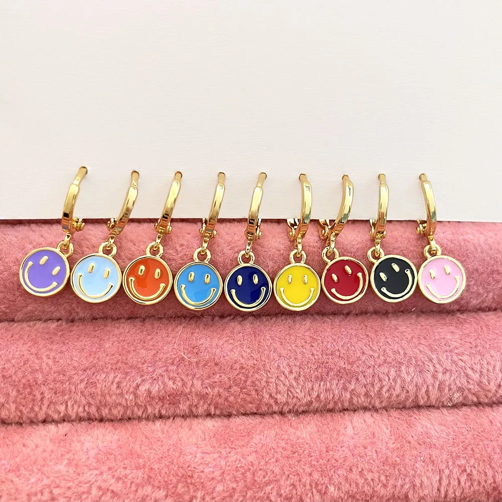 

Foxi Women Girls Customized Fashion Huggies Gold Jewelry Cute Colorful Enamel Smiley Face Hoop Earrings