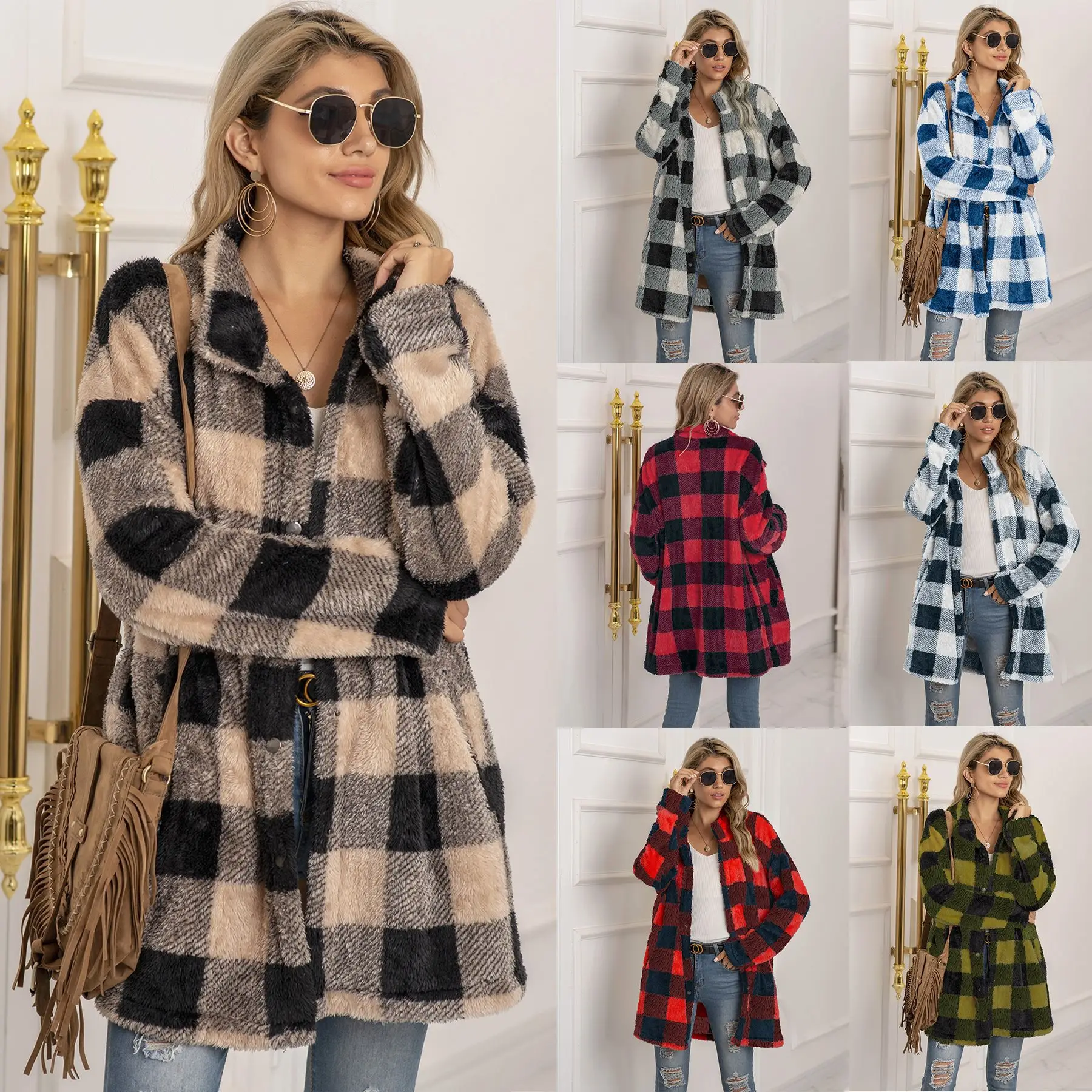 

Hot Selling Women's Coats Women Winter Clothes Reversible Flannel Jacket Plaid Cardigan Long Coat