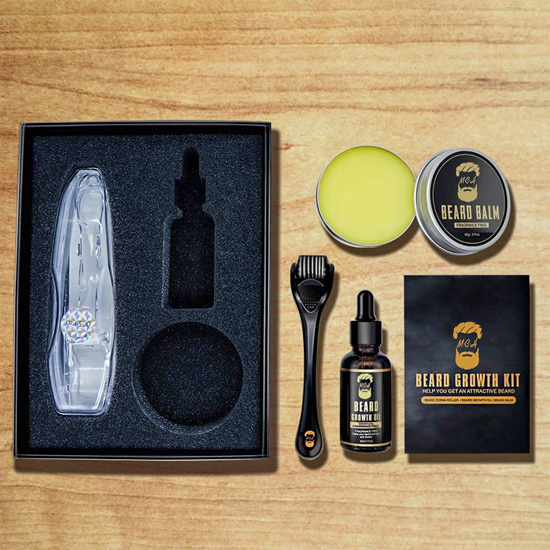 

Private Label Beard Growth Kit Cleaning Rolling Beard Oil Serum Roller Beard Balm Grooming Care Gift Set