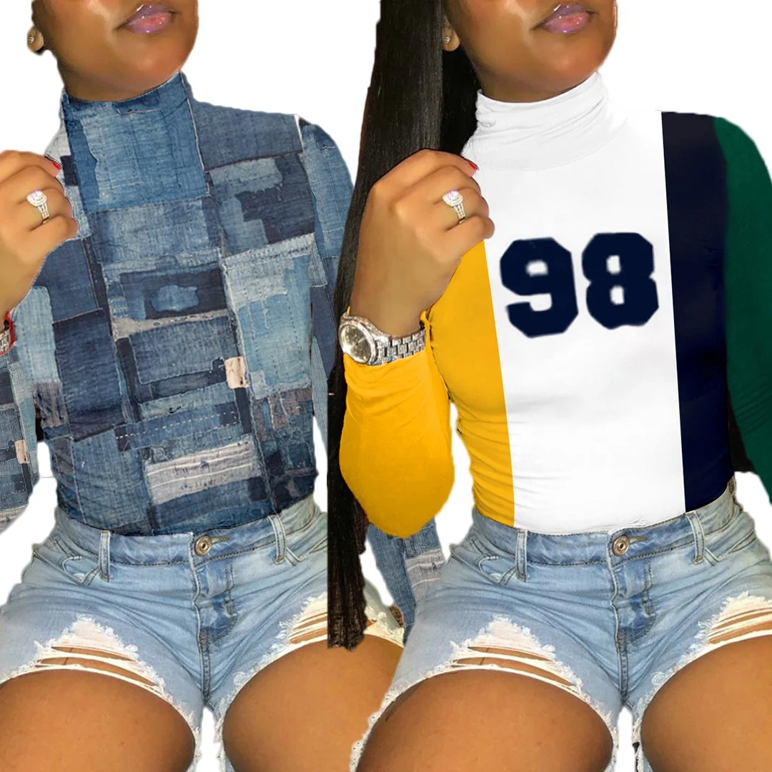 

MT95-2196 2020 Fall/Winter Women's Fashion Casual Printed Turtleneck Top ladies tops