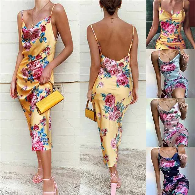 

Summer Fashion Printed Satin Slim Sexy Leaky Back Strap Dress, Picture color