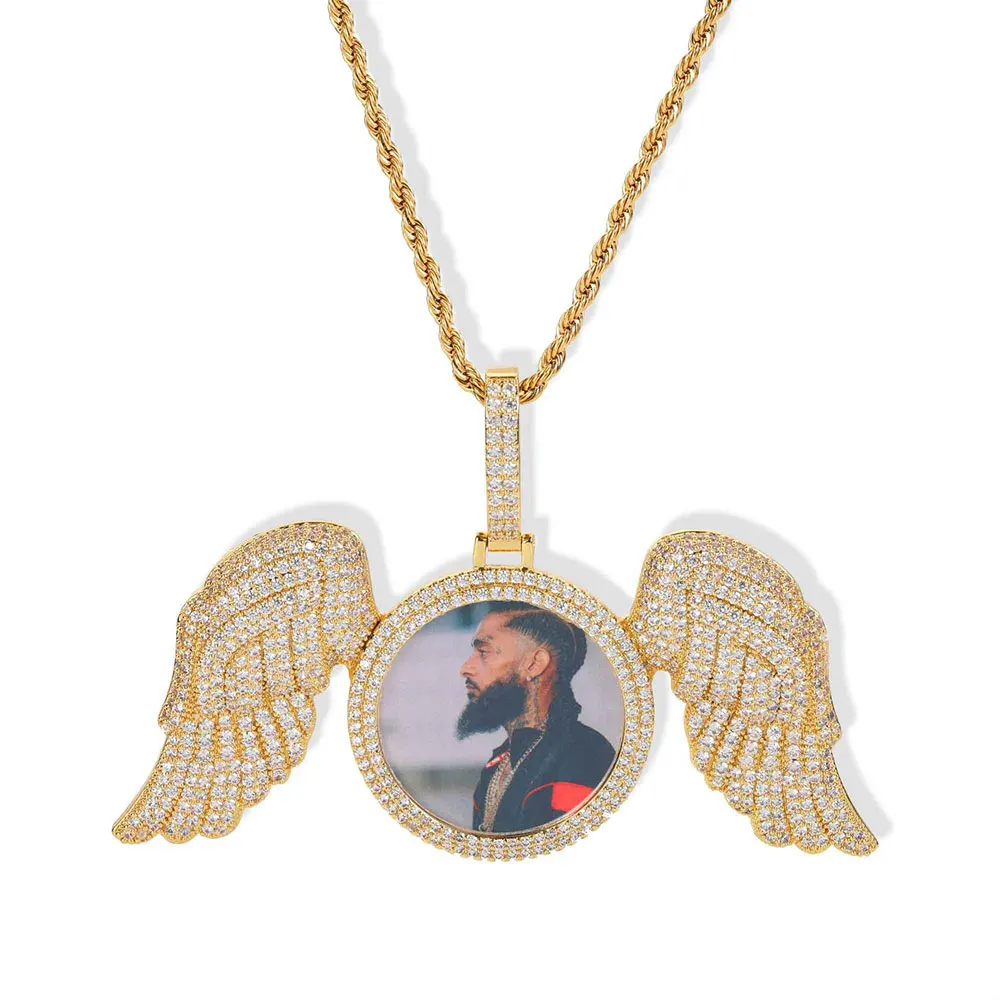 

Hip Hop Memorial Custom Gold Photo With Angel Wings Pendants Trays Picture Necklaces