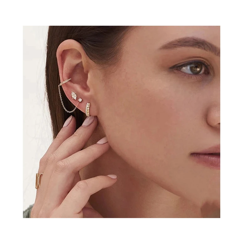 

New Fashion trendy style 925 sterling silver channel rhinestone stud chain earrings