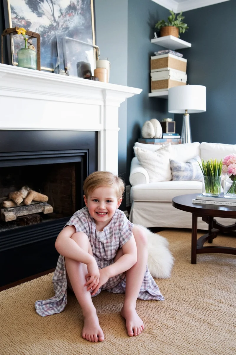 Modern dark painted living room with kids playing on rug