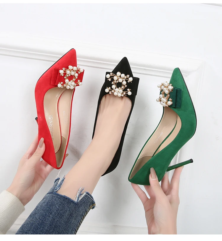 

Red High Heels Shoes for Women 2021 autumn thin heel pearl buckle button pointed High quality Women's Shoes Fasion Heels, Black red green