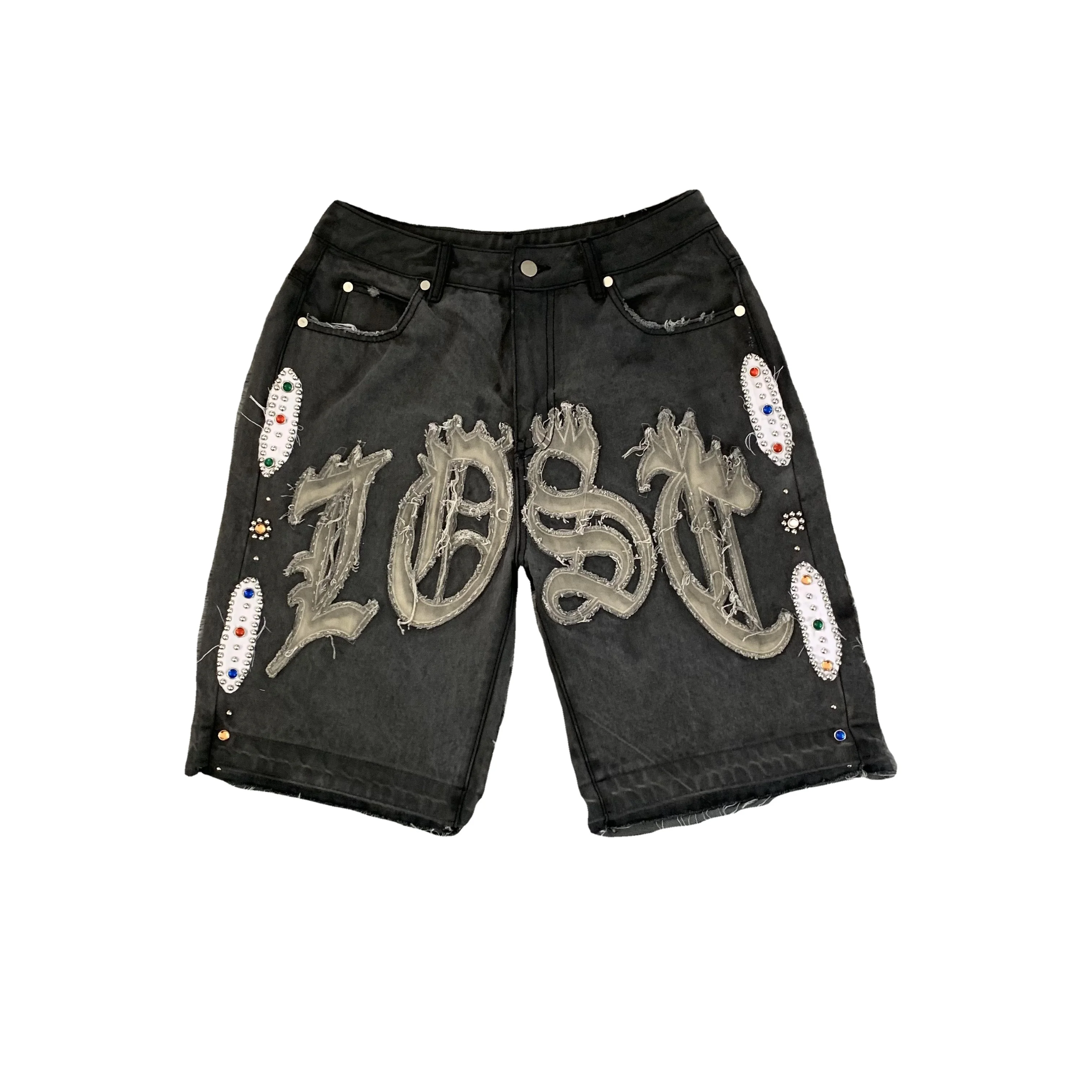 DENIMGUYS Custom Summer Embroidery Applique Rhinestone Streetwear Acid Wash Jeans Shorts Men Baggy Denim Shorts