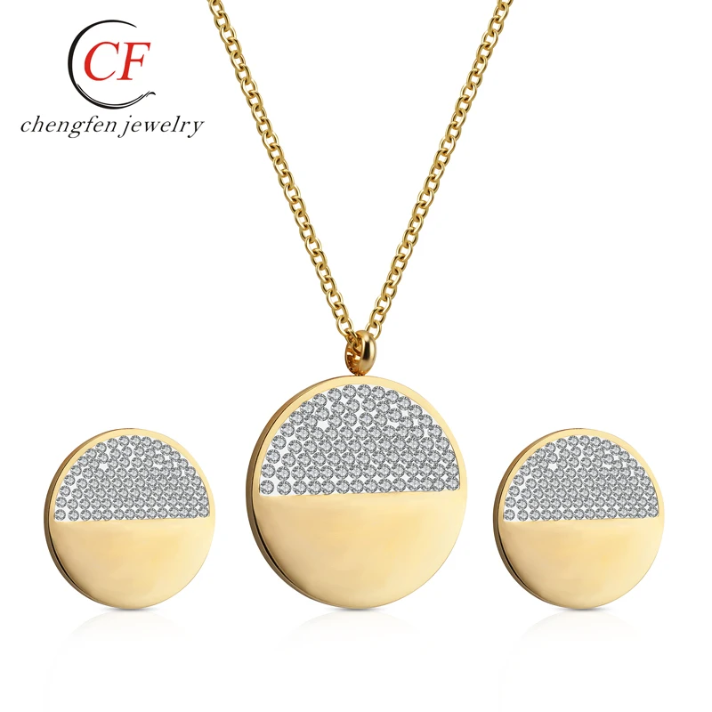 

Fashion Simple Design Joyas de Acero Inoxidable Gold Earrings Necklace Round ZirconJewelry Set Women