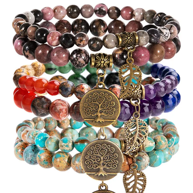 

New Natural Semi-Precious Gemstone Beads Bracelet Tree of Life and Leaf Charm Chakra Energy Healing Stretch double row Bracelet