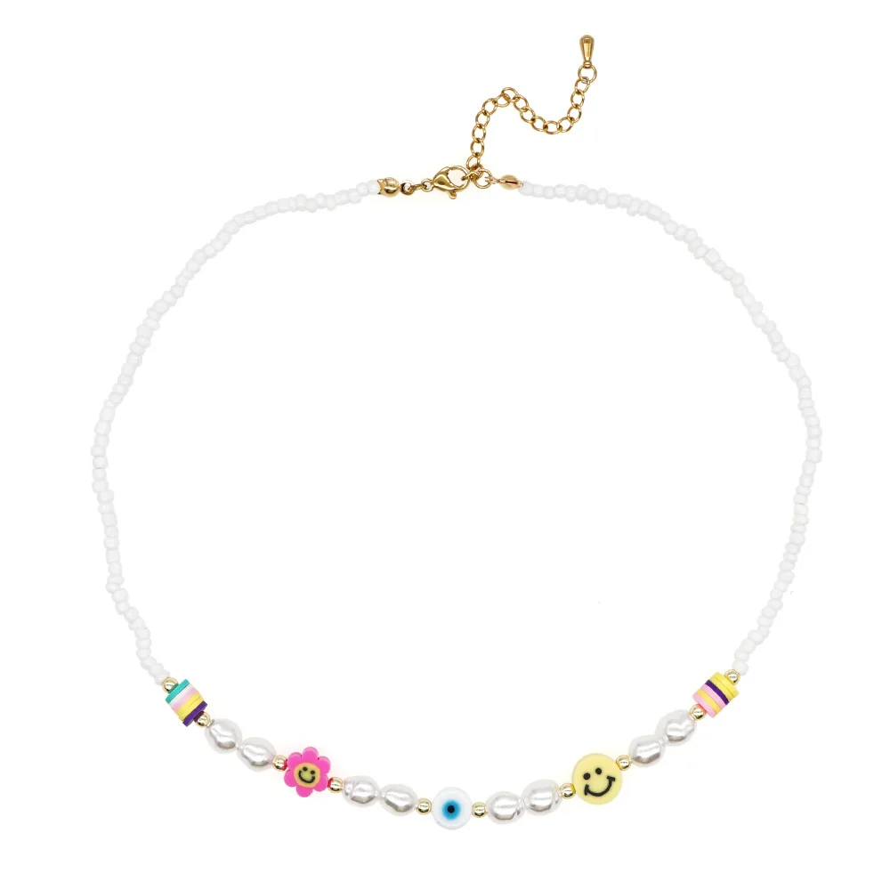 

Fashion women pearl and colored glass rice beaded smiley face necklace