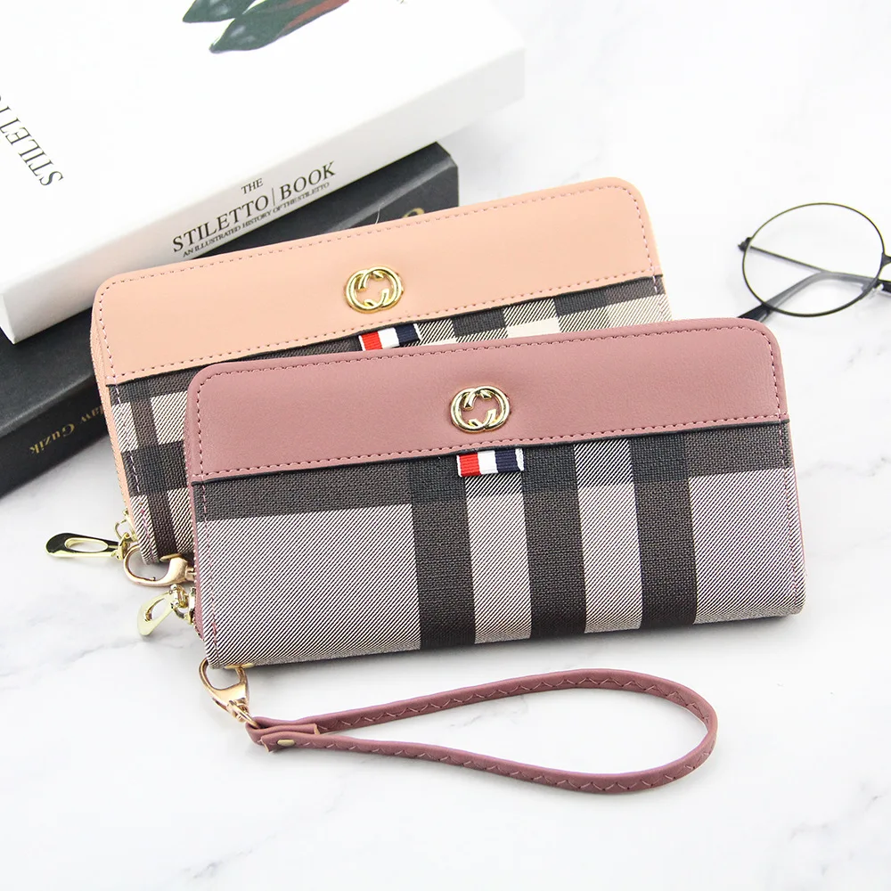 

Wholesale OEM Stock Women Large Wallet With Long PU Spliced Ladies Zipper Wallet, Black, pink,green,gray,blue