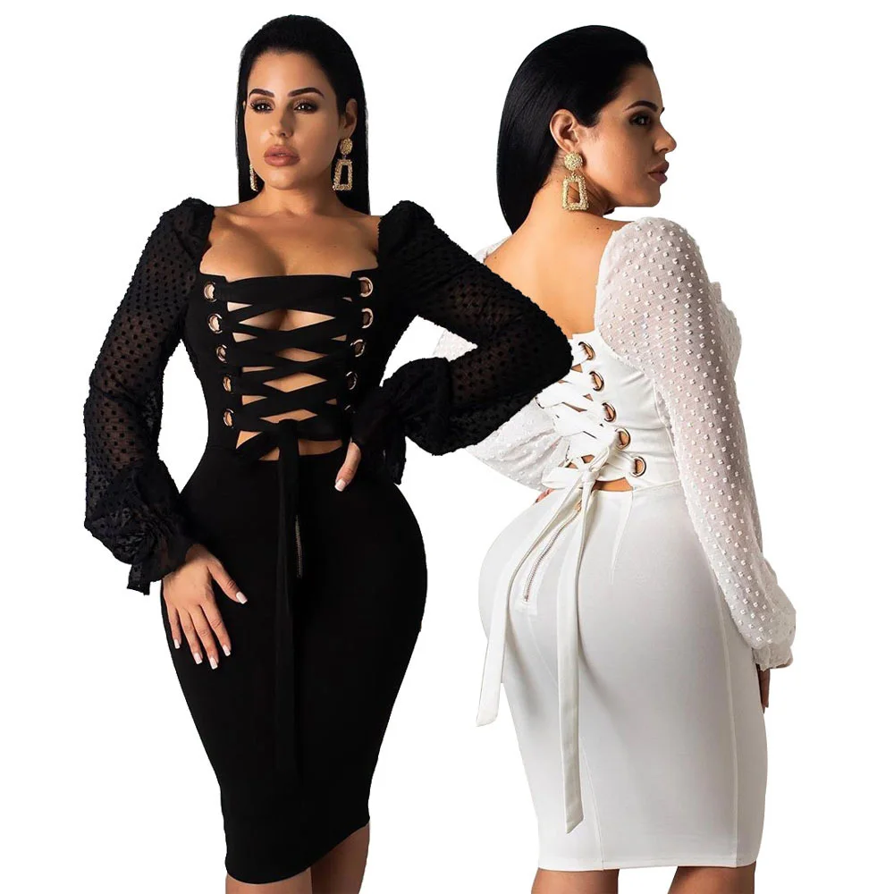 

fashionable lace up sexy mini night club dress women party, Black, white