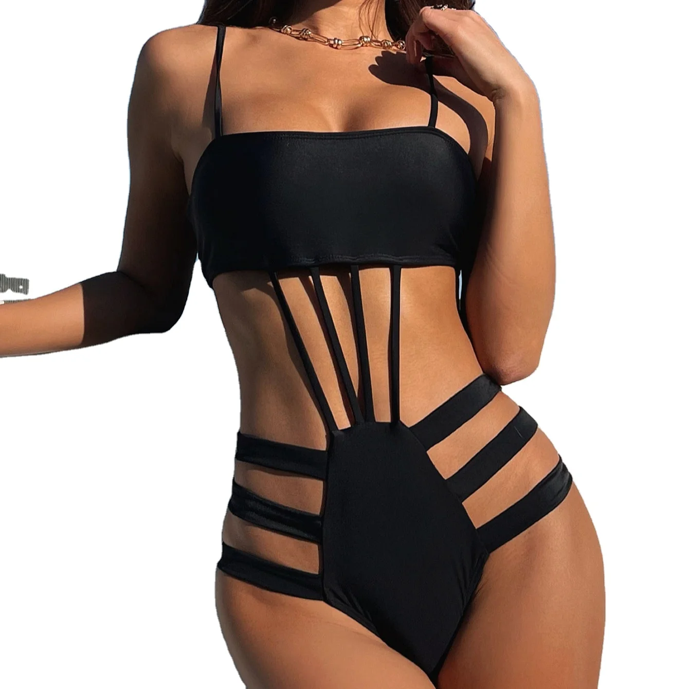 

Women Sexy Cutout High Waisted One Piece Swimsuit Tummy Control Swimwear Brazilian String Bikini, Black blue white red green navy customized color