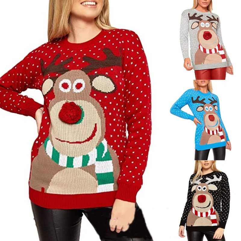 

Winter Clothes Red Deer Print Pullover Knit Women Ugly Christmas Sweater, As shown