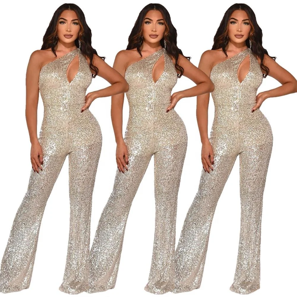 

B51609A Hot selling lady fashion hollow out sequined wide-leg jumpsuit, Show