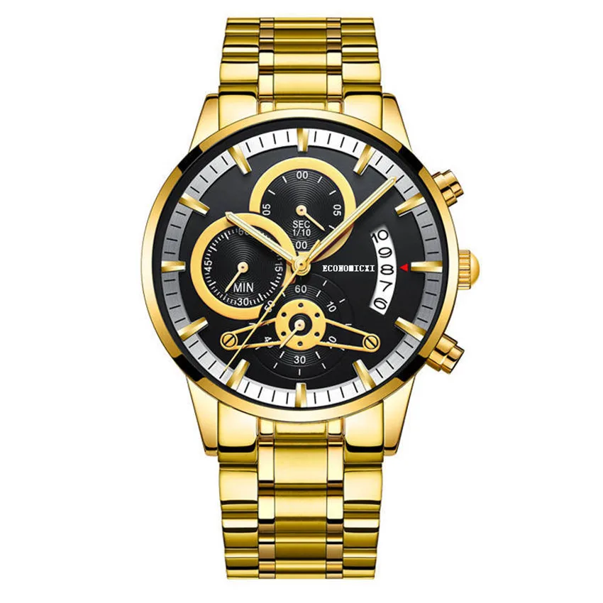 

Luxury gold stainless steel men's watch business round backlit dial automatic calendar watch men's quartz watch, Picture shows