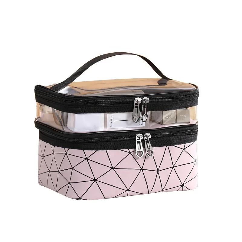 

2021 New Design Waterproof Cosmetic Bags Girls Travel Makeup Bags Large capacity Double Layer Zipper Make up Case For Women