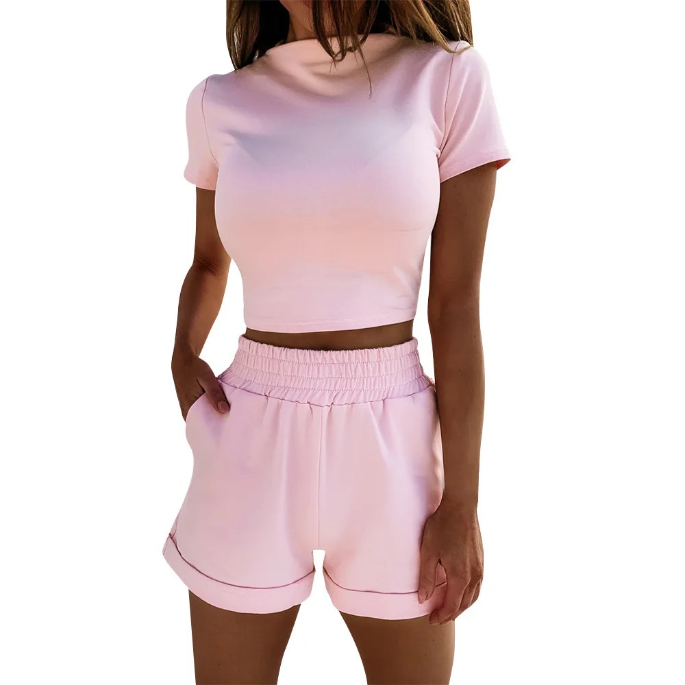 

2021 summer leisure suit short sleeve high waist open navel shorts suit women's o-neck sportswear Yoga women's two piece set