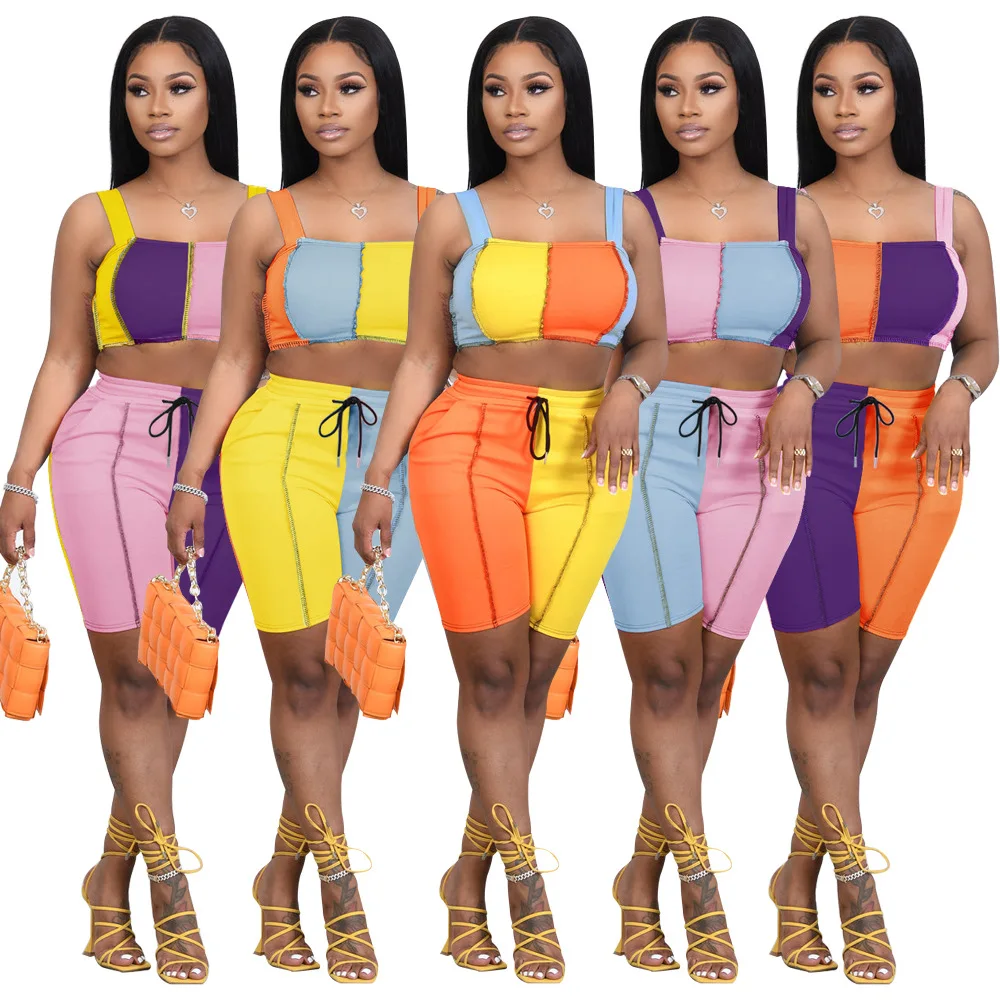 

Plus Size Wholesale Spliced Color Sports Suit Strap Tank Top Jogging Shorts Patchwork Women's Two Piece Short Set