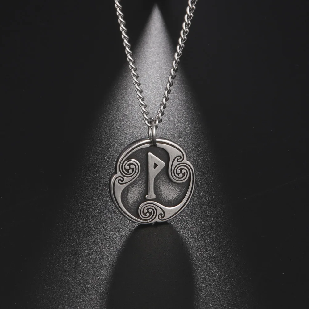 

Vintage Viking Nordic Runes Amulet Pendant Triskelion Necklace Stainless Steel 3MM Cross Chain For Necklace Wicca Jewelry, Steel color(accept customized)