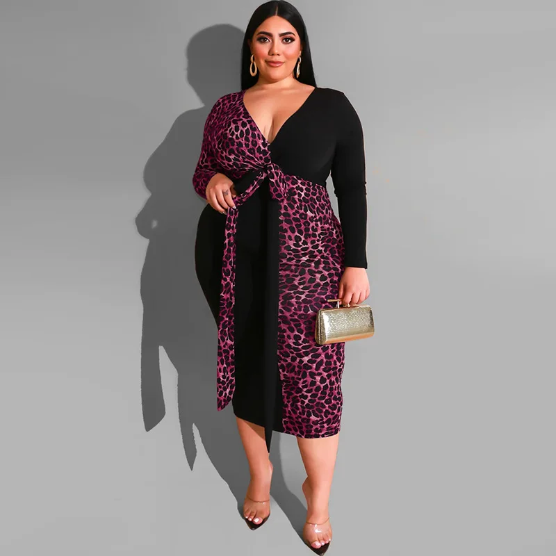 

19452 Top brand Fall 2021 outfit women sexy dresses 2021 bodycon V-neck leopard sexy casual patchwork party dress