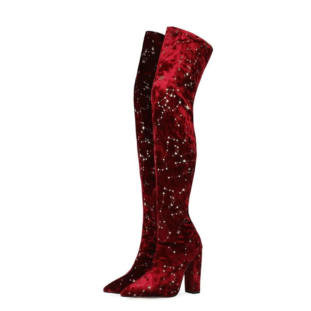 

Customized Women Block Heels Red Gilding Velvet Long Boots Ladies Pointed Toe Over Knee Thigh High Boots
