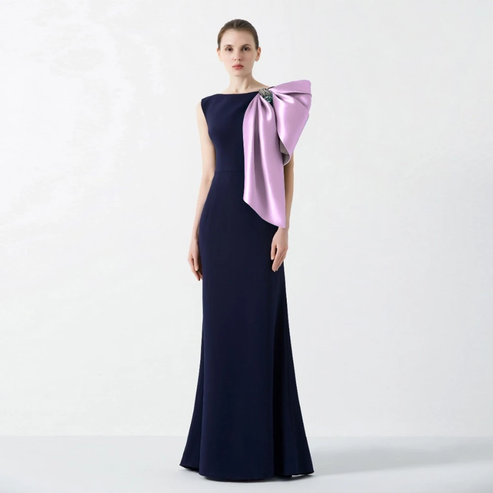 

Elegant Navy Blue Satin Mermaid Evening Dresses With Lilac Bow Arabic Women Wedding Party Formal Gowns Scz155