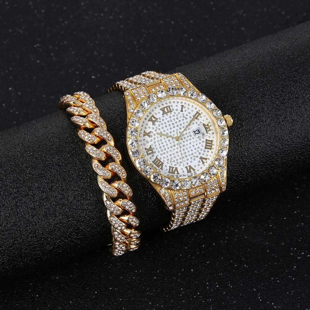 

Luxury European Real Gold Plated Inlaid Diamond Watch Hip Hops Cubic Zircon Cuban Chain Bracelet Watch Set For Rapper