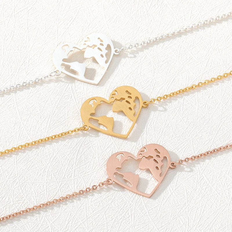 

Minimalism Heart Shape World Map Bracelets for Women Globe Travel Jewellery Earth Charm Bracelet Stainless Steel Trendy 12+7cm, Rose gold/gold/platinum