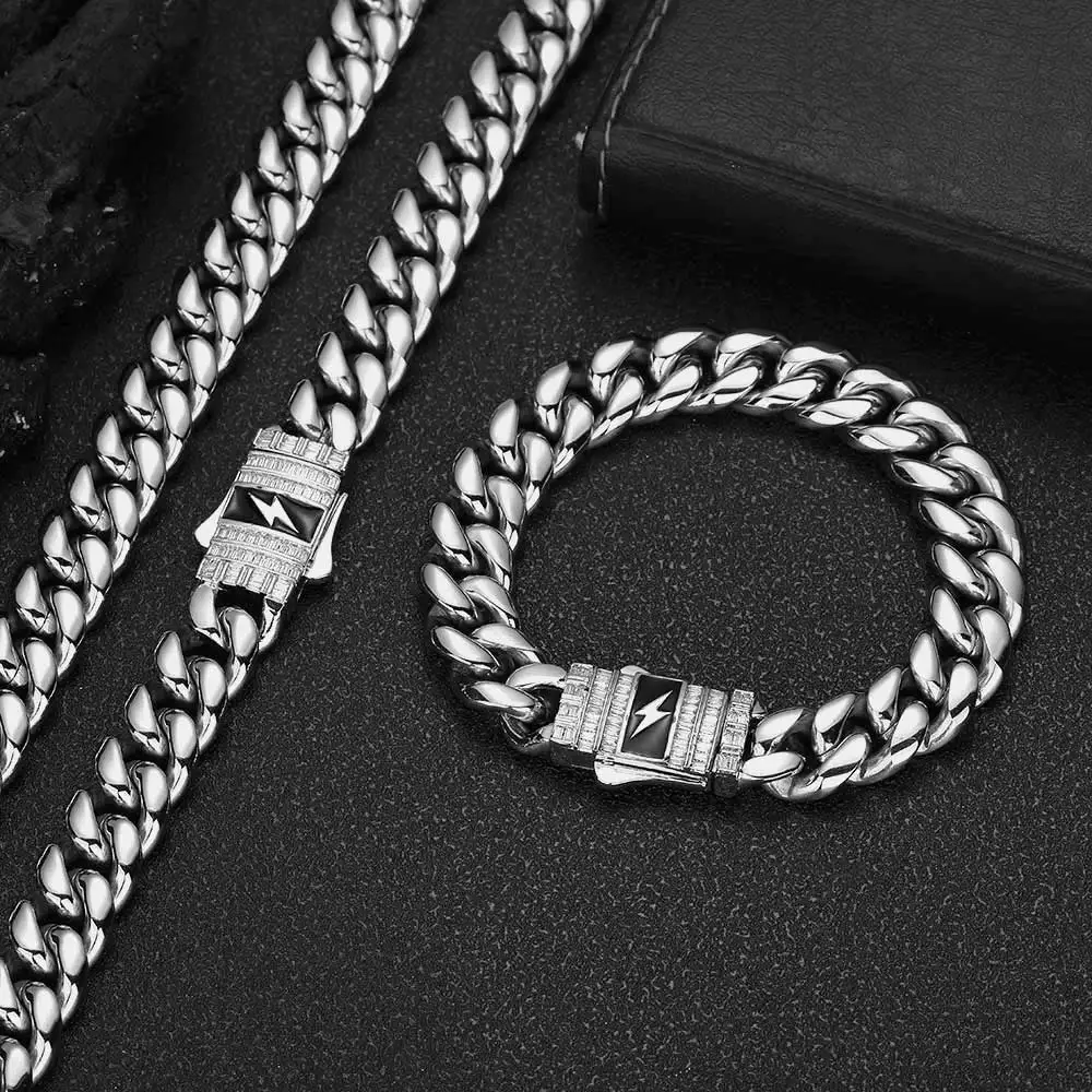 NUOYA 12mm Stainless Steel Cuban Link Chain Hip Hop Necklace Iced Out Clasp Custom Logo Cuban Link Necklace Fine Jewelry for Men