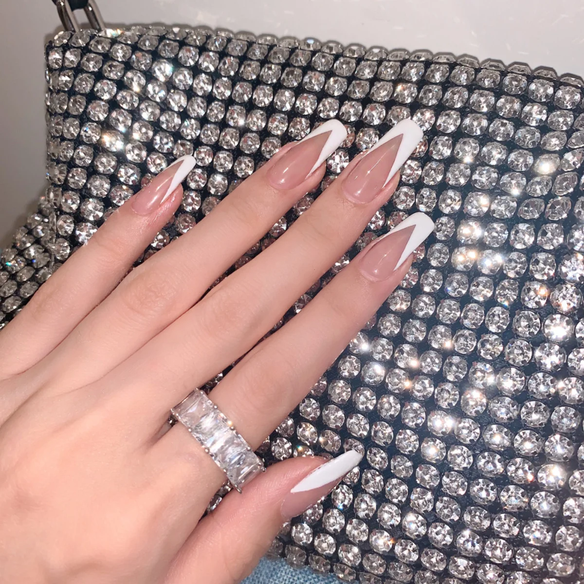 

fakenails long white french triangle new arrival press on nails extra long coffin trudicurette press on nails with clear window