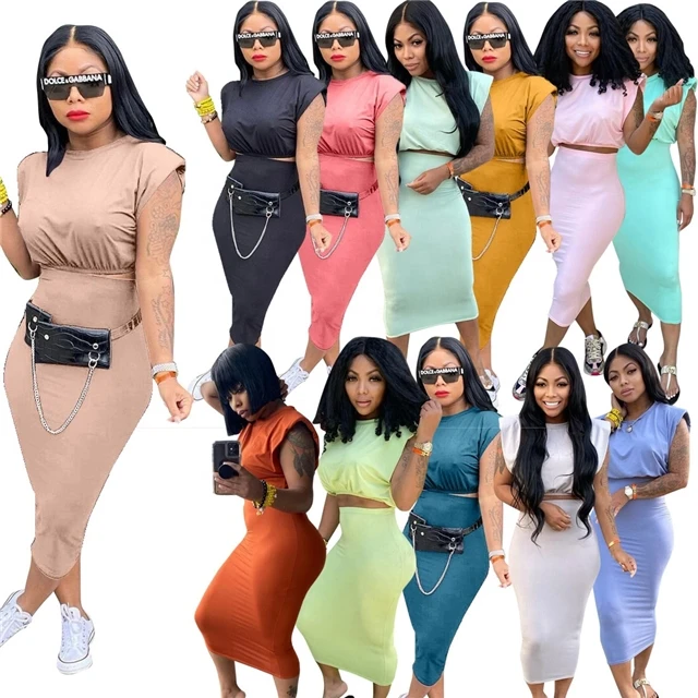 

2021 Wholesale Women Casual Solid Crop Tops Elastic Bodycon Long Maxi Skirts Two 2 Piece Sets