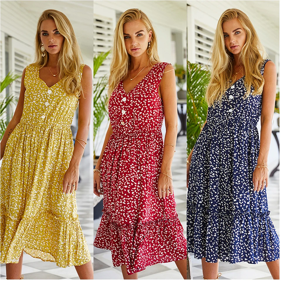 

Woman Dresses New Arrivals 2021 Summer Casual Sleeveless Floral Bow Knee Length Long Womens Dress Clothes Wholesale