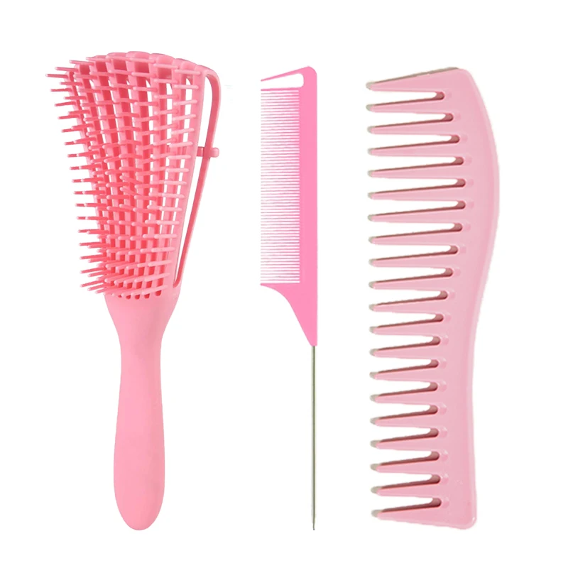 

Wholesale custom logo 3pcs detangling brush wide tooth comb and rat tail comb set for women, Customized color