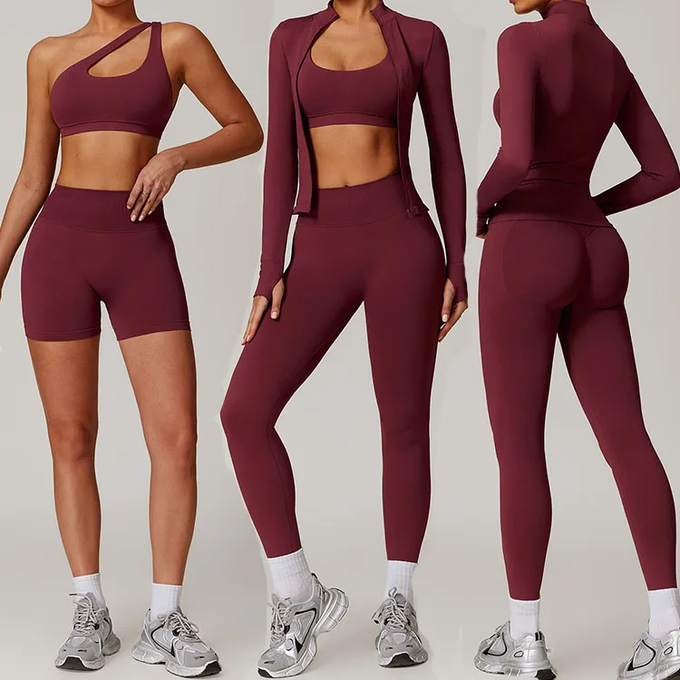 2025 New Women's Gym 5pcs Set Yoga Leggings Sports Shorts Seamless Jacket  Top High Waisted Pants Quick Dry  Bra Seamless Sleeve