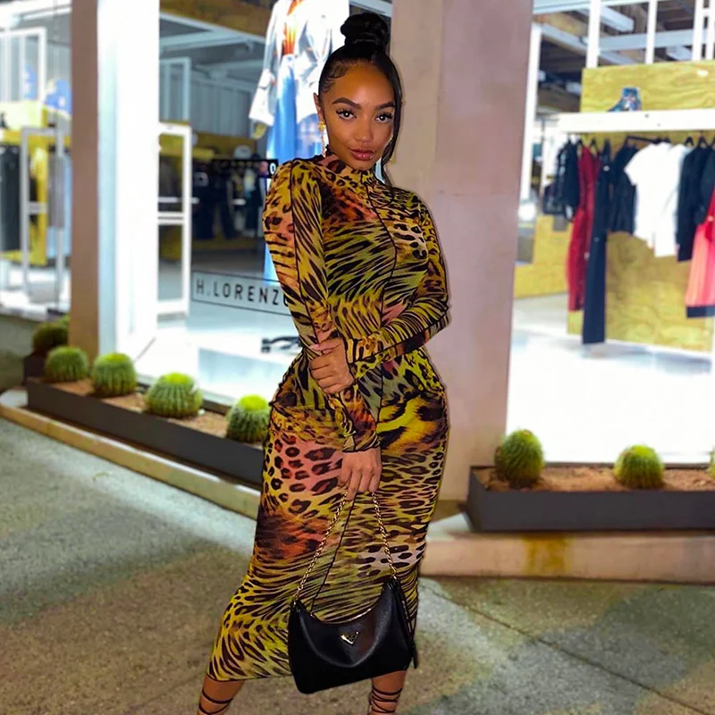 

HT Tiger Print Round Neck Sexy Bodycon Midi Vintage Dress 2021 Stylish Long Sleeve Side Striped Club Party Evening Clothing, Picture show
