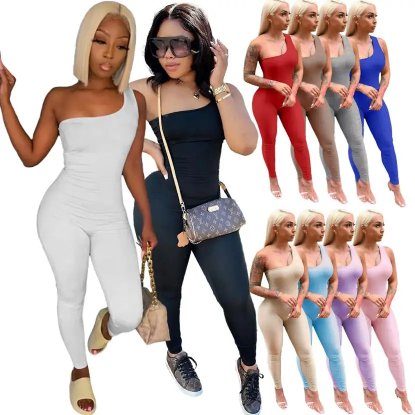 

Custom Logo summer women sexy one-shoulder rompers sleeveless hip sports jumpsuit