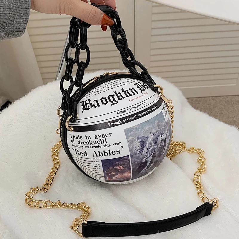 

Newspaper Printing Ball Women Shoulder Bag Fashion Letter Print Round Design Purses and Handbags Chain Handbag for women, 12 colors