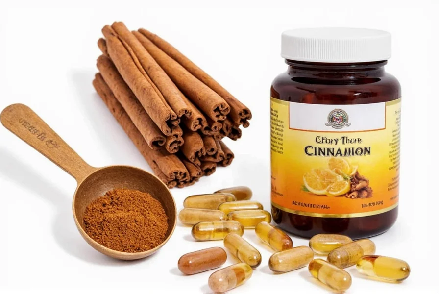 Ceylon cinnamon supplement capsules next to fresh Ceylon cinnamon quills with measuring spoon showing standard 500mg dosage