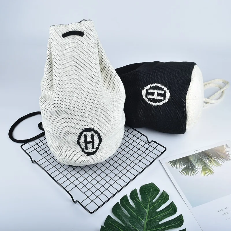 

HapiMonkey Refined Cotton Polyester Shoulder Backpack Korean Style H letter Wool Knitted Woolen Shopping Bucket Bag Handbags