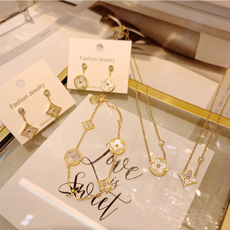 

18K diamond Fashion Cute Pearl Shell Stainless Steel Jewelry Necklace Earrings Set Women