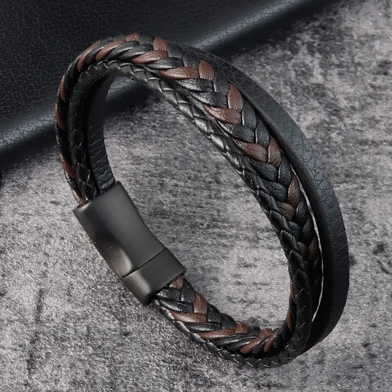 

Friendship Gift Men Bracelets 21cm Handmade Black Brown Leather Bracelet Friends, Black/black brown