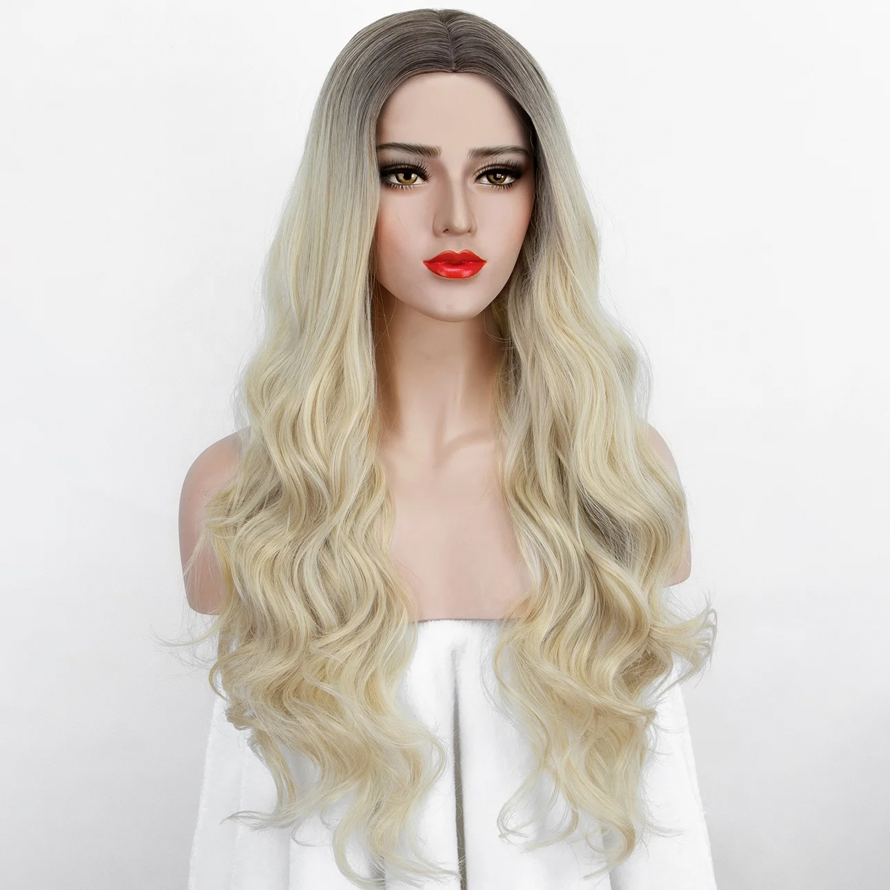

Aliblisswig Realistic Looking Long Wavy Ombre Blonde 2 Tone Wig Heat Resistant Fiber Glueless None Lace Synthetic Hair Wigs, Dark root 2 tone ombre blonde none lace wigs
