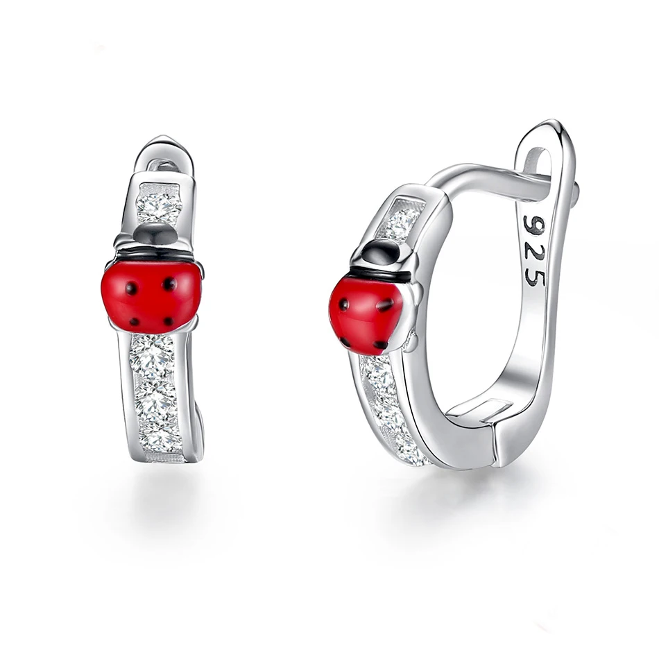 

925 Sterling Silver Animal Ladybug Earrings For Child red Enamel Small Silver Hoop Earrings Fashion Jewelry Gift