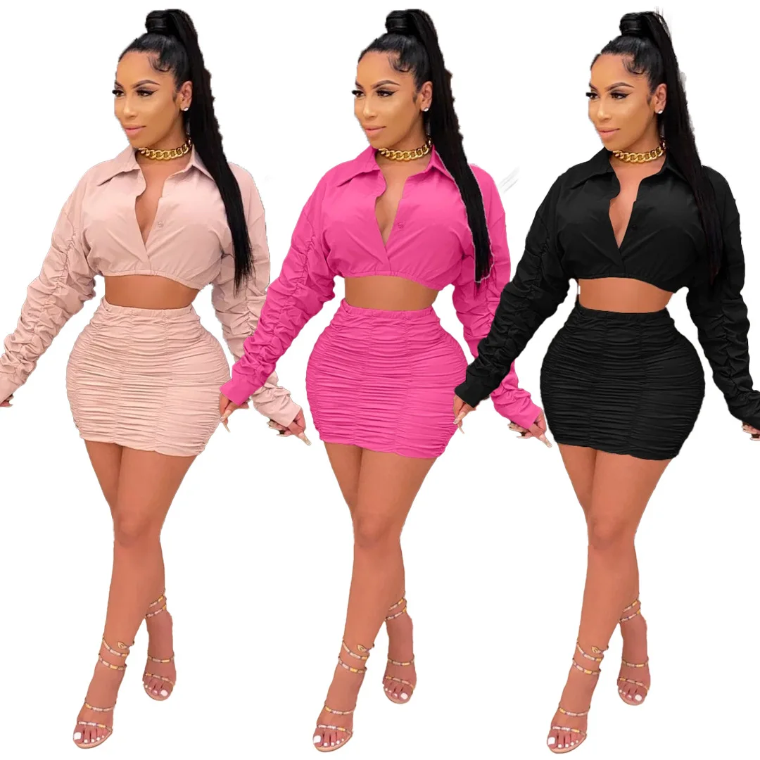 

Casual shirt cloth lapel deep V-neck pullover long-sleeved top pleated hip skirt 2 pieces female, Picture