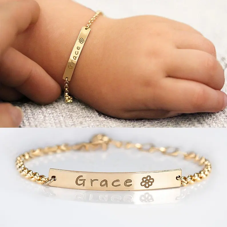 

2021 Stainless Steel Adjustable Blank Bar Bracelet Hand Jewelry Birthday Number Custom Baby Name Bracelet for kids Gift