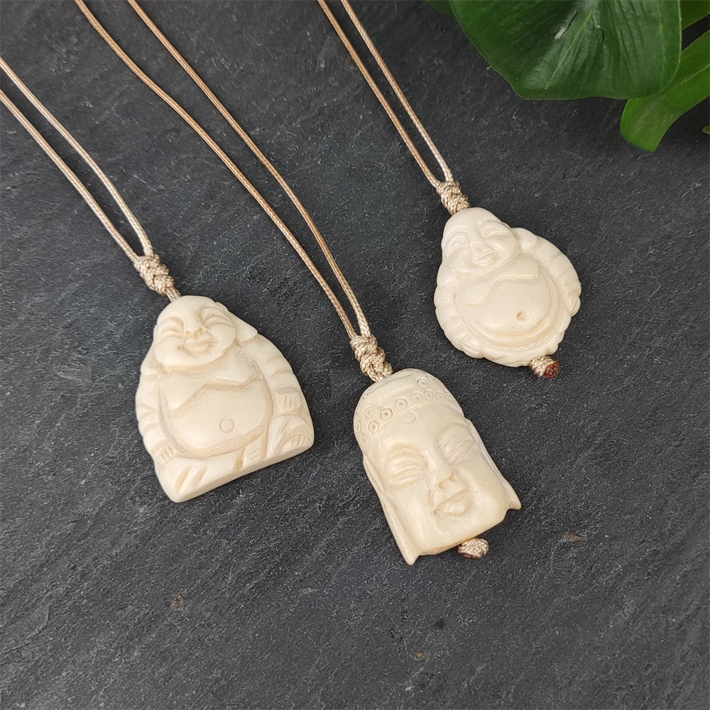 Tibetan Ornaments New Design Maori Handmade Jewelry Yak Bone Carved Buddha Statue Pendant Rope Necklace for Men and Women Gift