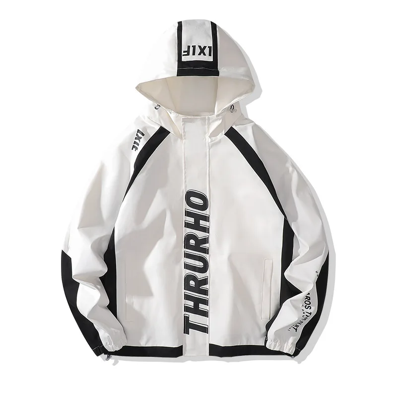 

New coat men's spring and autumn couples side seam pockets loose thin casual youth printing hooded jacket